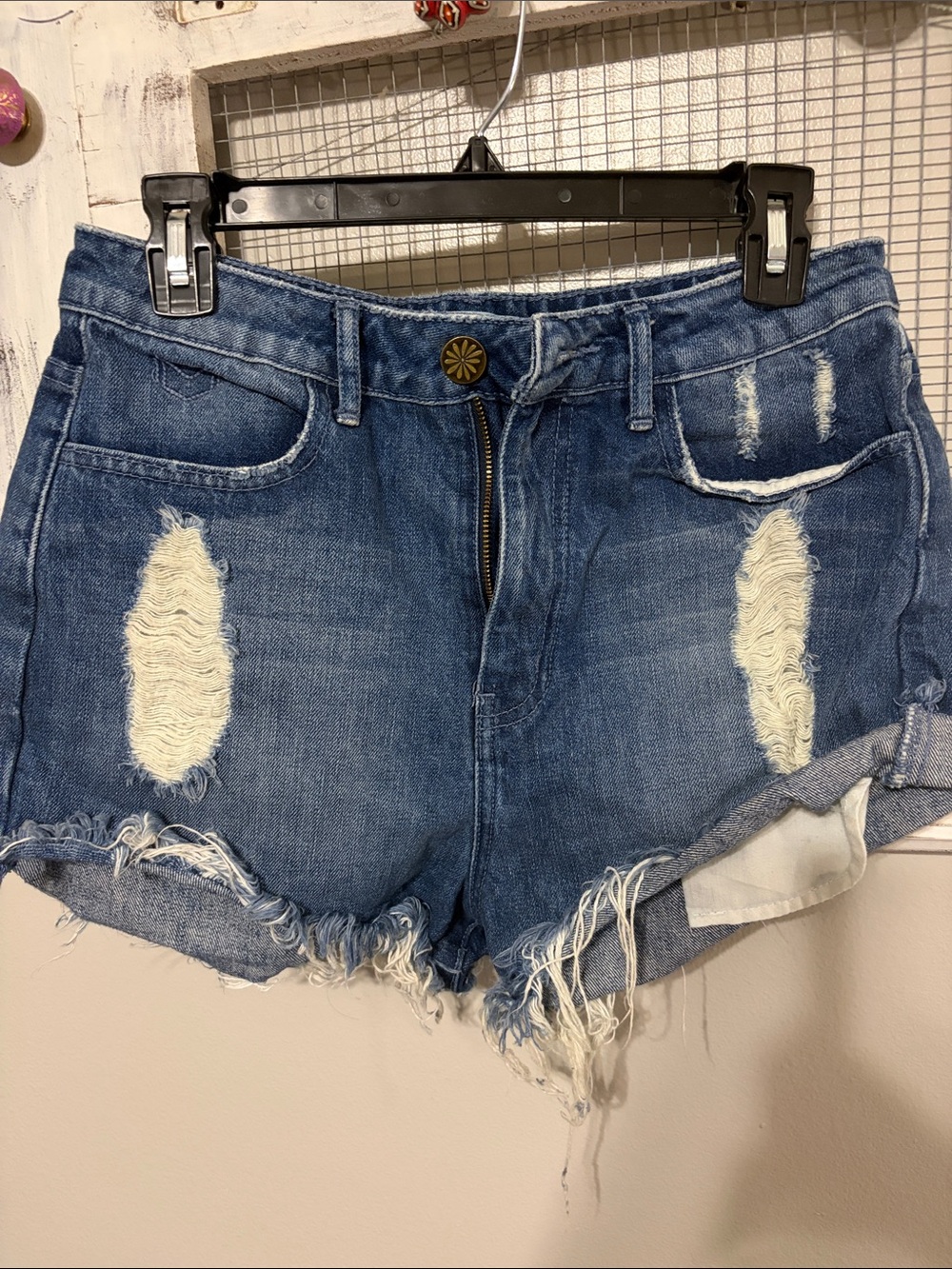 High-Rise Distressed Denim Shorts - Blue